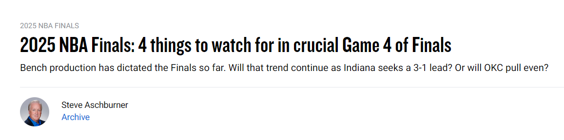 官网总决赛G4四大看点：雷霆需提升关键球 替补之争成胜负风向标