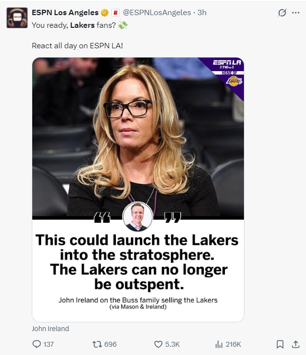 湖人卖100亿登全美热搜：巴斯保留15%股权 球馆都没有纯品牌售价