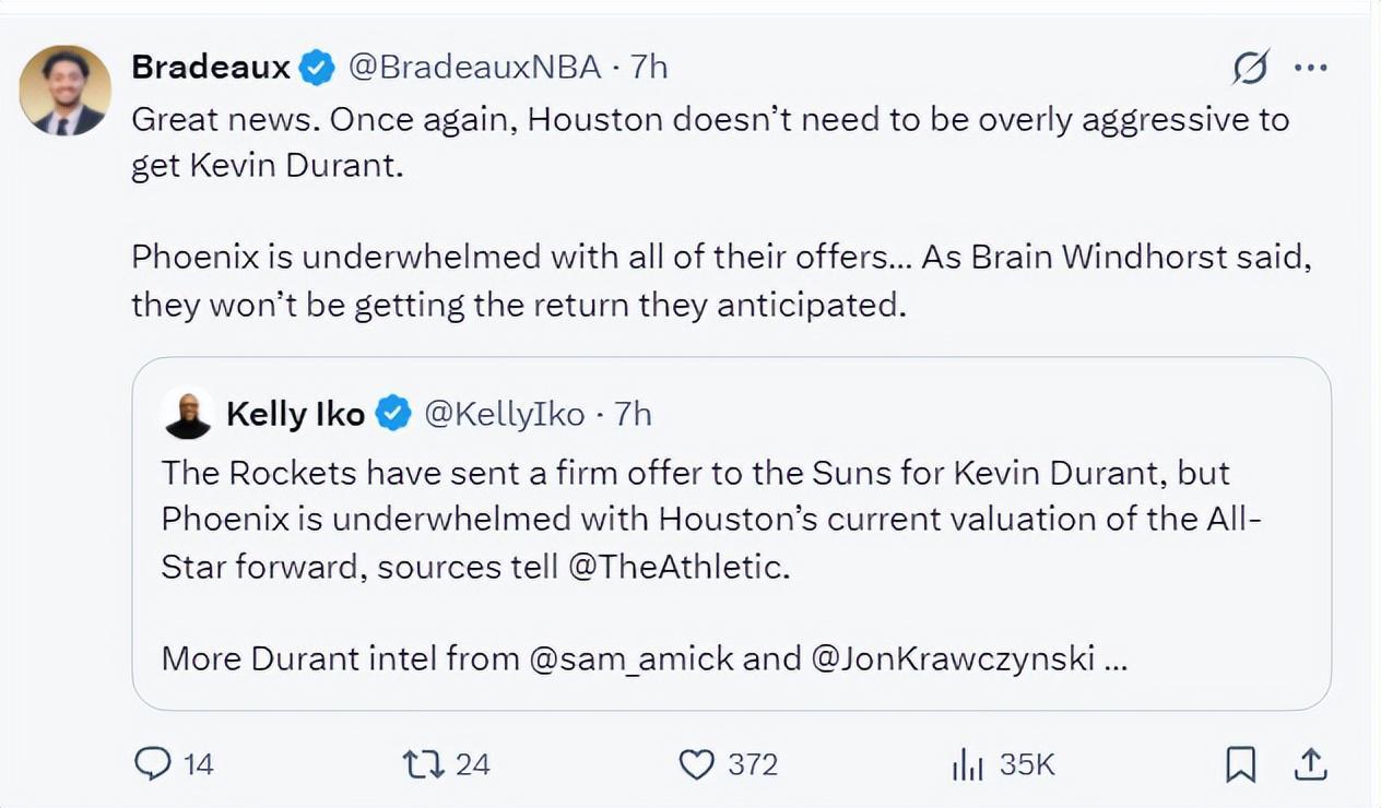 火箭用格林+10号签报价KD遭拒！太阳还索要双星 休媒重申无需加价